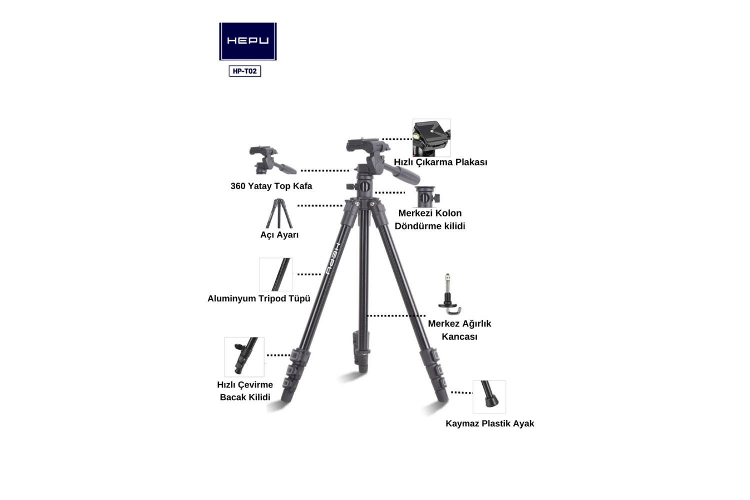 HEPU HP-T02 Profesyonel Tripod + 360° Döner Başlık + Alüminyum Gövde (154 cm)