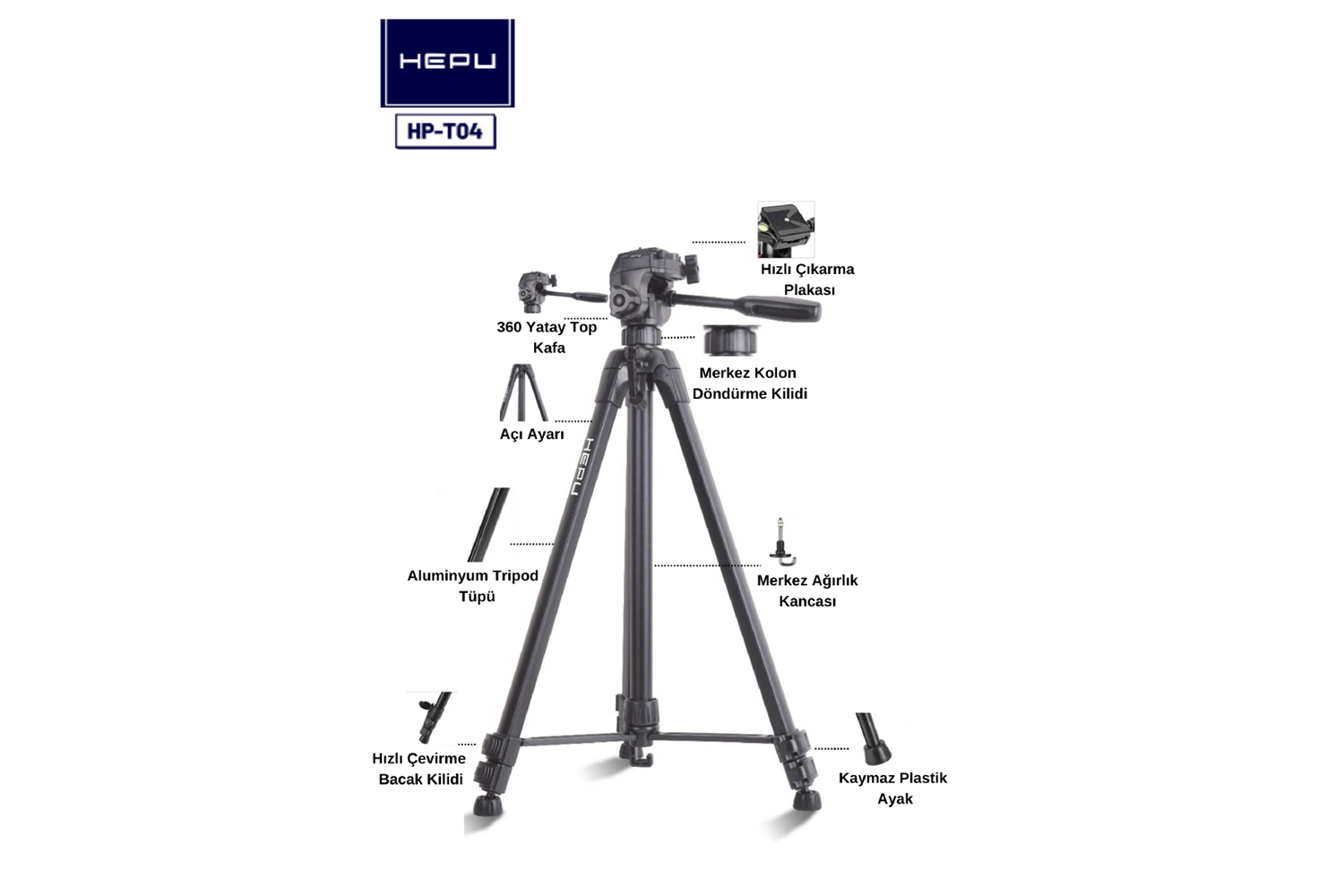 HEPU HP-T04 Profesyonel Tripod – 173 cm | 360° Top Kafa | Ağırlık Kancalı | Telefon Uyumlu