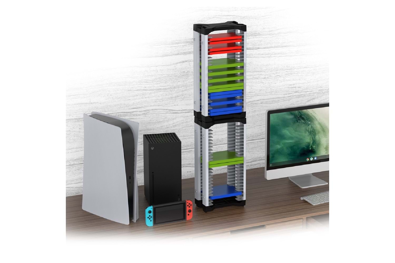 HEPU TY-2847 Oyun Aksesuarları Saklama Standı – 36 Disk Kapasiteli + Gamepad & Kulaklık Askılı