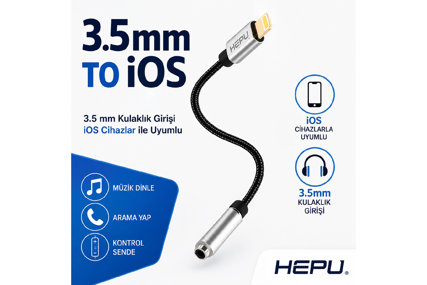 HEPU HP-19 iOS AUX Dönüştürücü – Lightning Girişli iPhone & iPad için Ses Adaptörü (30 cm)
