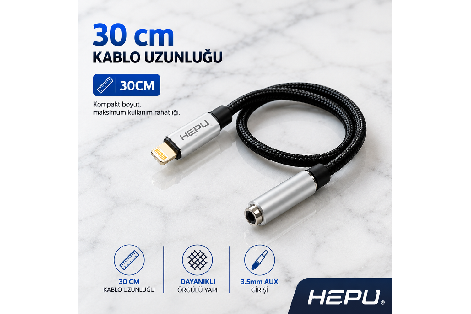 HEPU HP-19 iOS AUX Dönüştürücü – Lightning Girişli iPhone & iPad için Ses Adaptörü (30 cm)