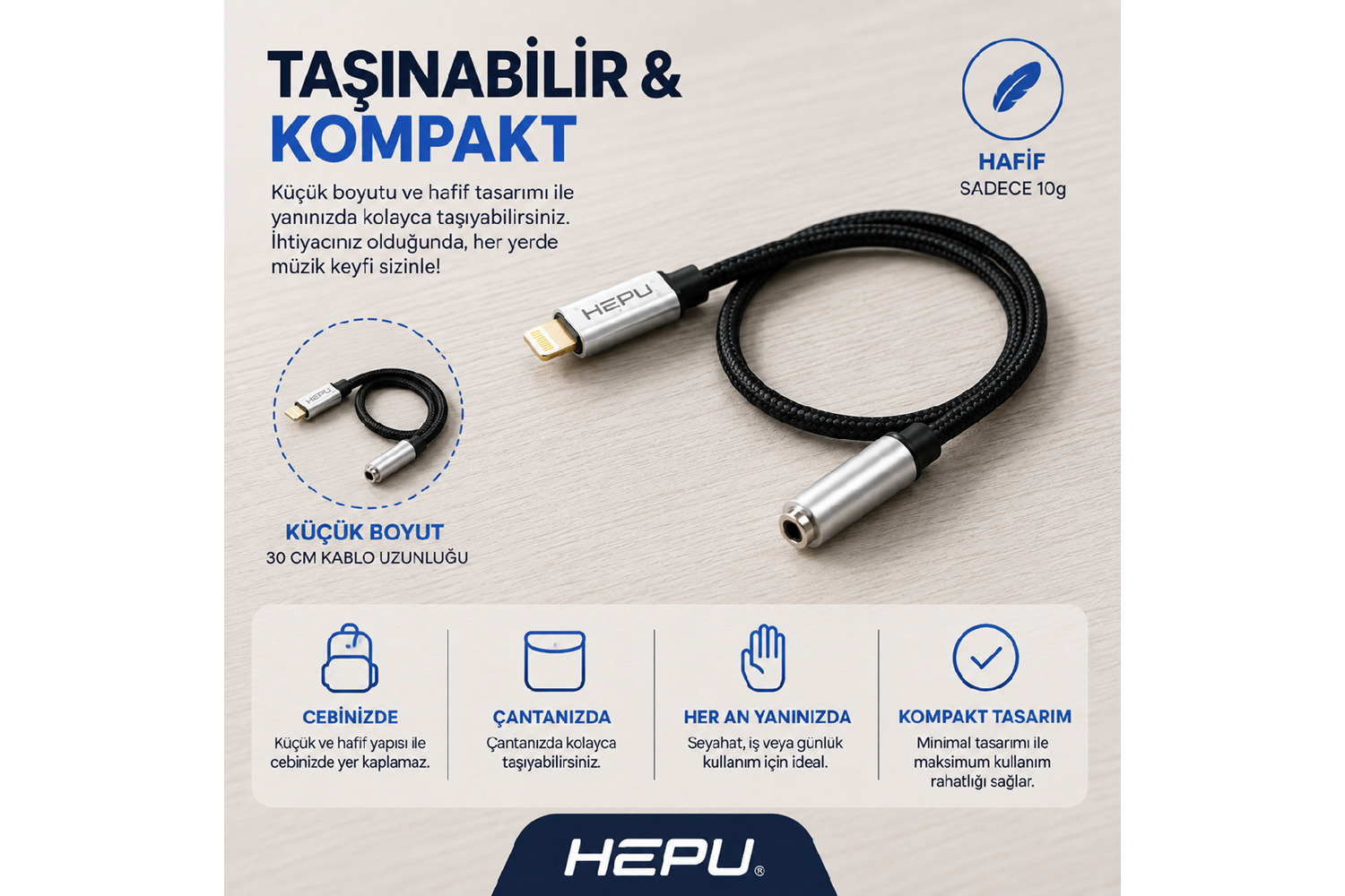 HEPU HP-19 iOS AUX Dönüştürücü – Lightning Girişli iPhone & iPad için Ses Adaptörü (30 cm)