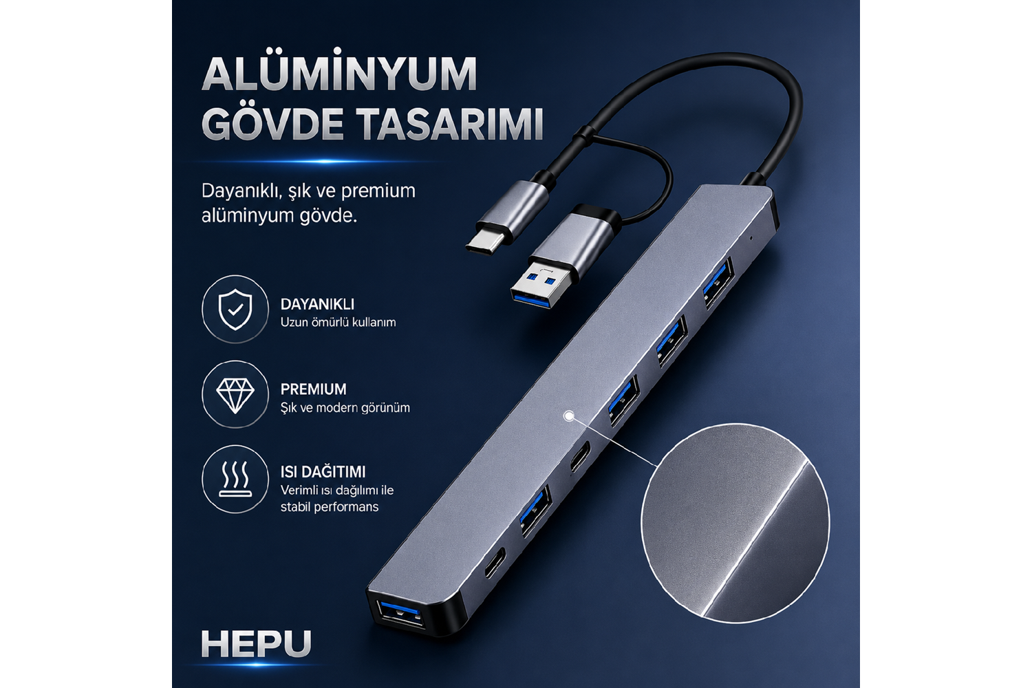 HEPU HP-B03 5-in-1 USB 3.0 HUB – 5 Portlu Çoklayıcı + Type-C ve USB-A Girişli + Alüminyum Gövde