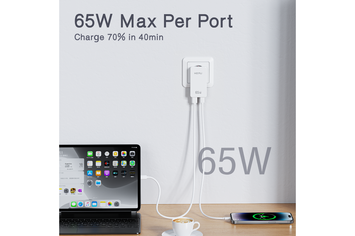 HEPU HP-C36 65W USB-C GaN Güç Adaptörü – Ultra İnce Tasarım, Hızlı Şarj Konforu (Type-C Kablo Dahildir)
