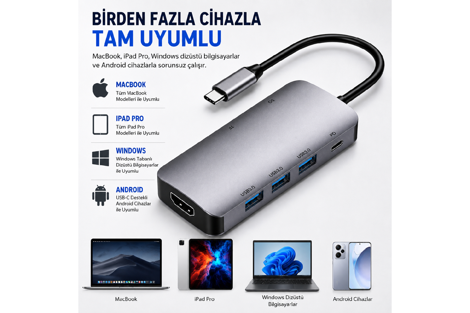 HEPU HP-B17 7-in-1 Type-C USB-C HUB – HDMI + 3x USB 3.0 + SD/TF Kart Okuyucu + Type-C PD Girişli Adaptör