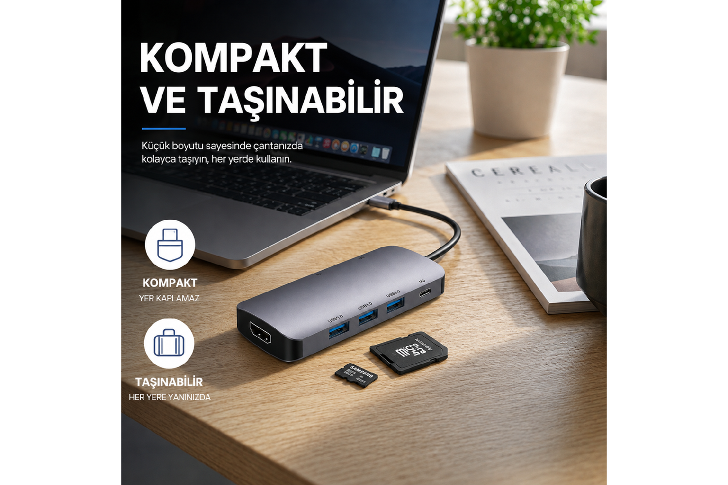 HEPU HP-B17 7-in-1 Type-C USB-C HUB – HDMI + 3x USB 3.0 + SD/TF Kart Okuyucu + Type-C PD Girişli Adaptör