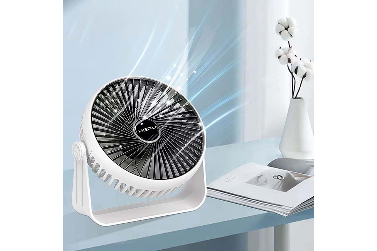HEPU HP-F02 USB Şarjlı Sessiz Masaüstü Mini Fan – 360° Dönebilen Gövde, 3 Kademeli