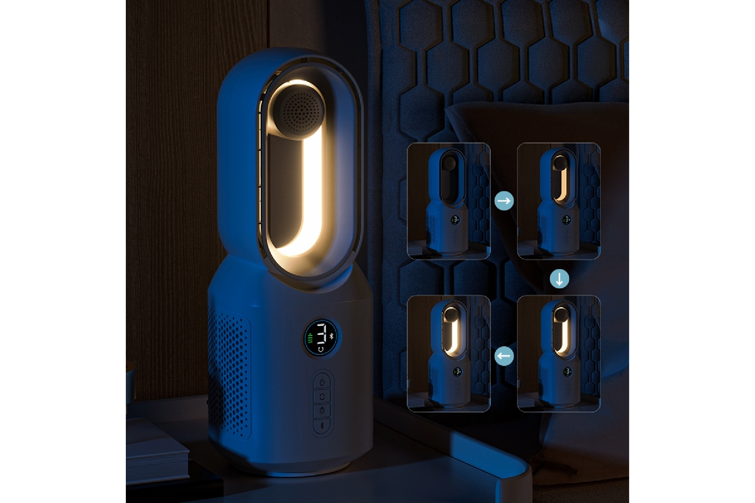 HEPU HP-F29 Sessiz Pervanesiz 360° Döner USB Şarjlı Masaüstü Fan – Bluetooth Hoparlörlü, Gece Lambalı, 3'ü 1 Arada Akıllı Tasarım