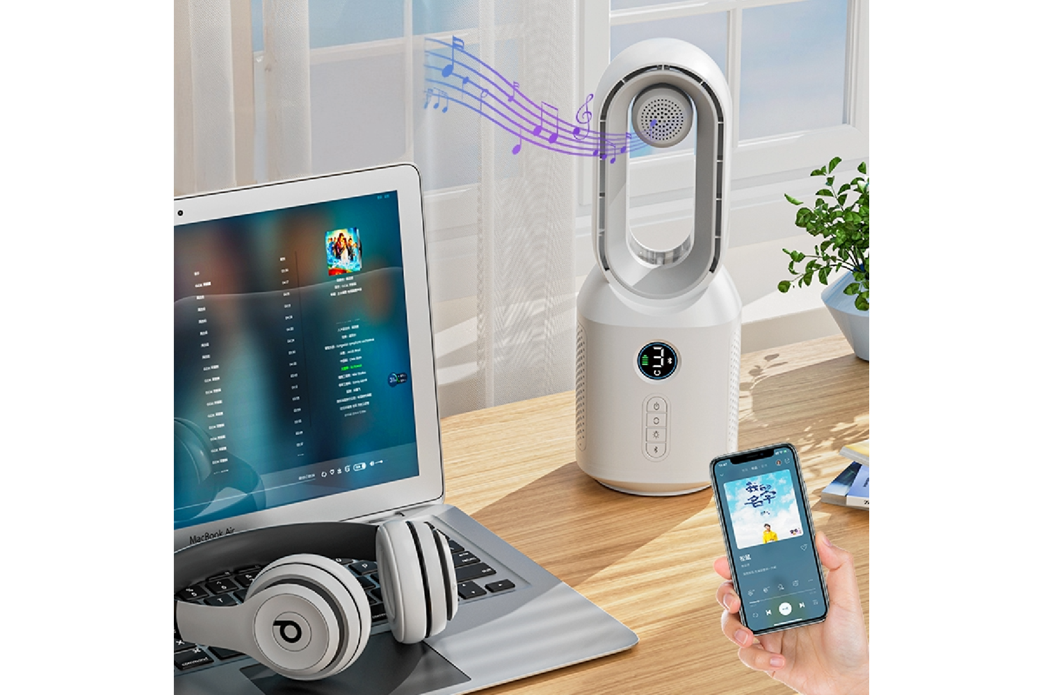 HEPU HP-F29 Sessiz Pervanesiz 360° Döner USB Şarjlı Masaüstü Fan – Bluetooth Hoparlörlü, Gece Lambalı, 3'ü 1 Arada Akıllı Tasarım