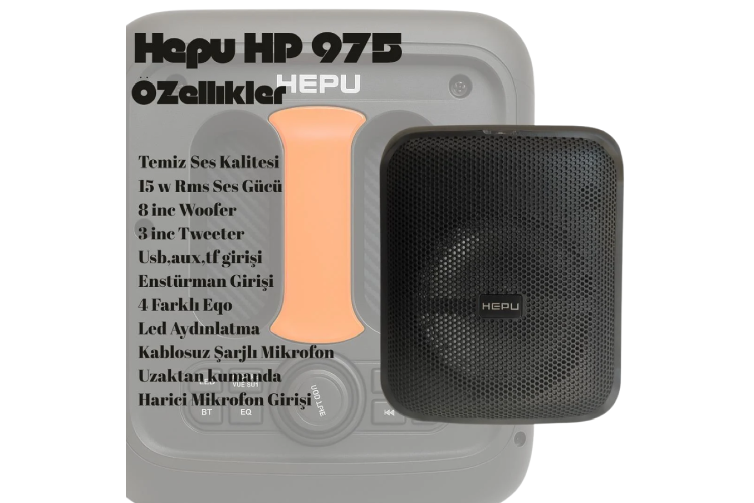 HEPU HP-975 Partybox Hoparlör – 15W Güç, 8” Woofer, RGB Işık Efektleri, Kablosuz Mikrofonlu, Taşınabilir Tasarım