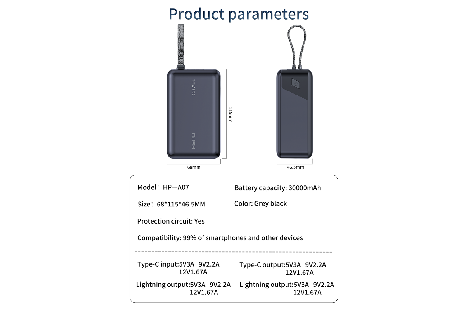 HEPU HP-A07 30.000 mAh 22.5W Hızlı Şarjlı Powerbank – Kendinden Type-C & iOS Kablolu + LED Ekran + 1 to 4 Çoklu Çıkış