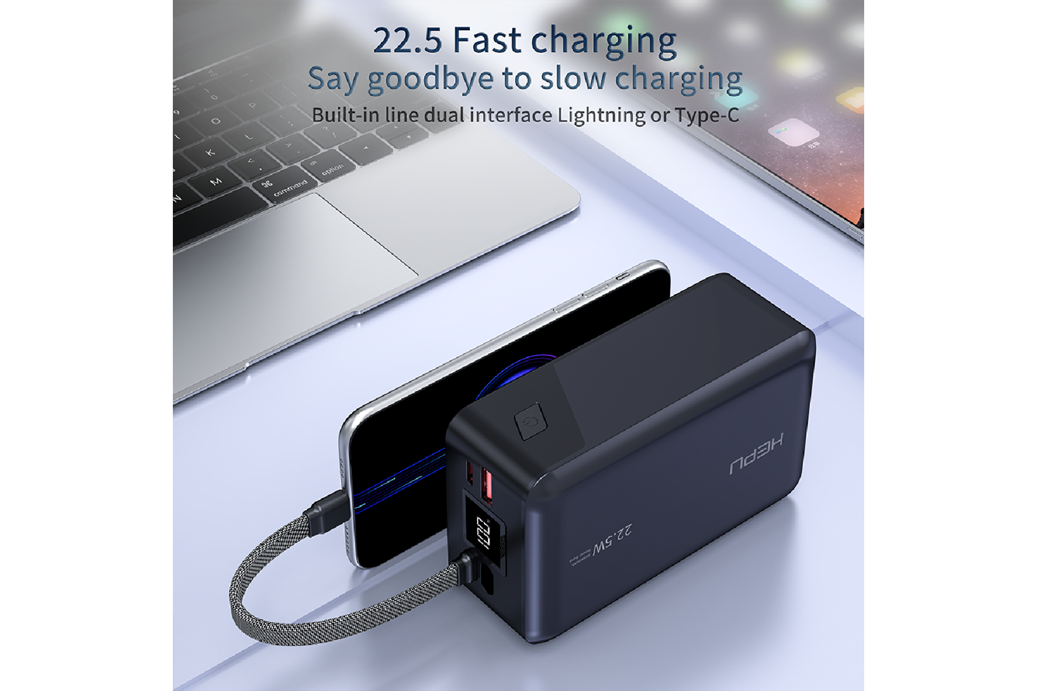 HEPU HP-A07 30.000 mAh 22.5W Hızlı Şarjlı Powerbank – Kendinden Type-C & iOS Kablolu + LED Ekran + 1 to 4 Çoklu Çıkış