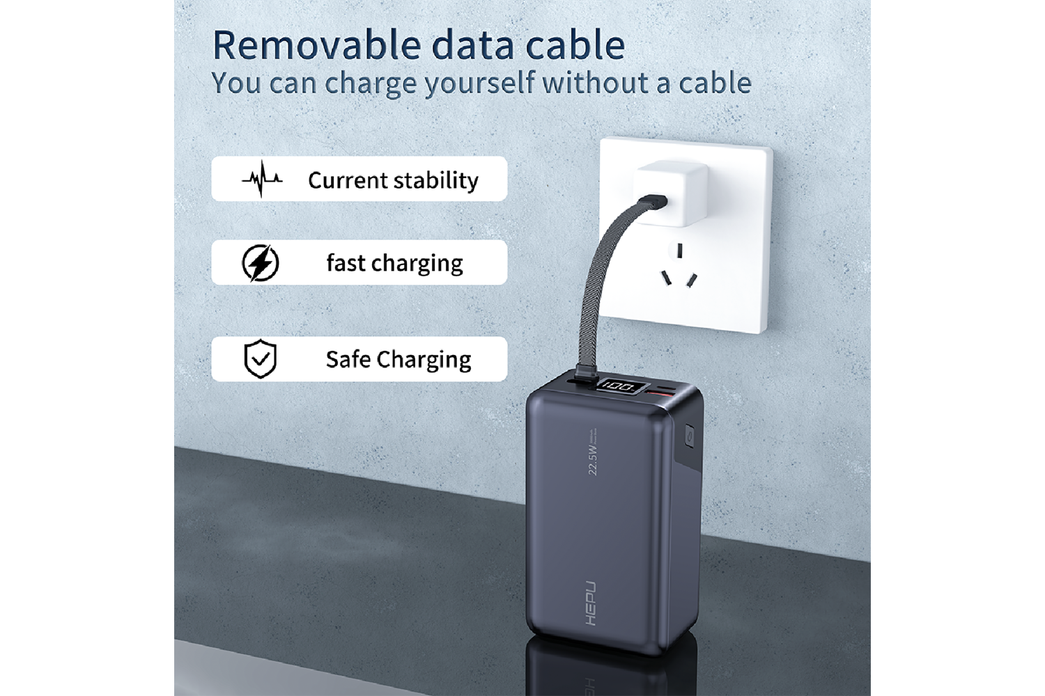 HEPU HP-A07 30.000 mAh 22.5W Hızlı Şarjlı Powerbank – Kendinden Type-C & iOS Kablolu + LED Ekran + 1 to 4 Çoklu Çıkış