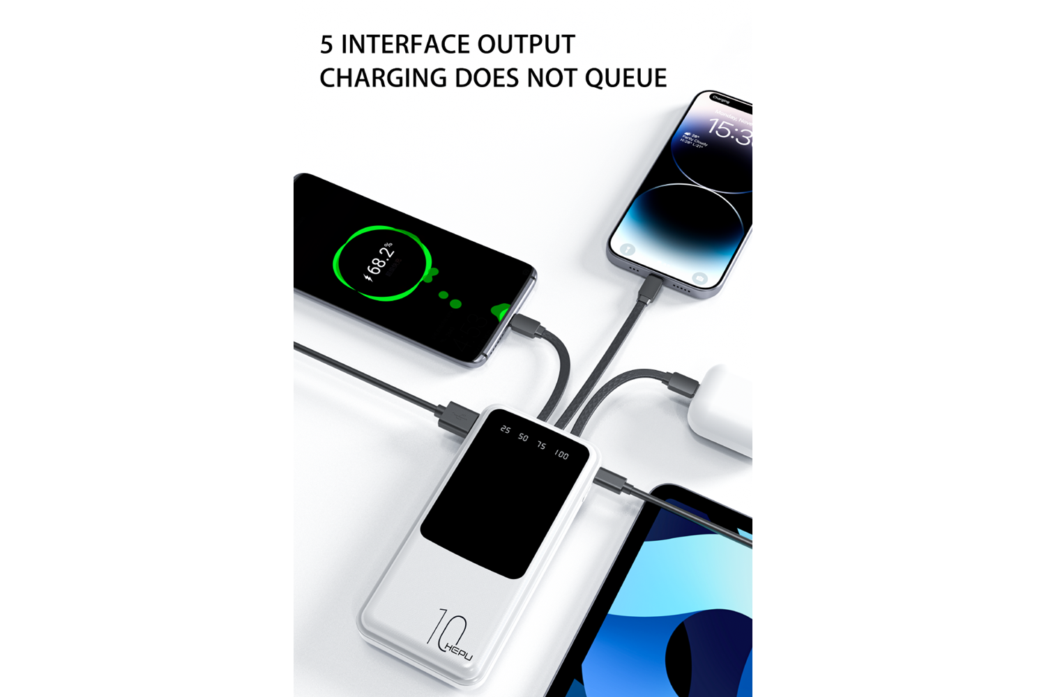 HEPU HP969 10.000 mAh Powerbank – Kendinden Type-C, iOS & Micro USB Kablolu + 1to5 Çoklu Çıkış