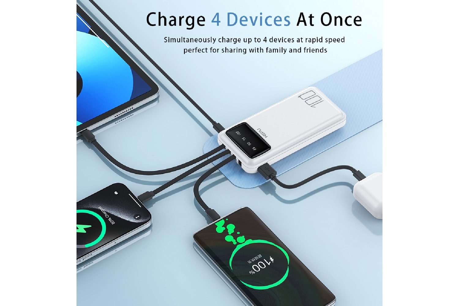 HEPU HP986 10.000 mAh Powerbank – Kendinden Type-C, iOS & Micro USB Kablolu + LED Göstergeli + 1to5 Çoklu Çıkış