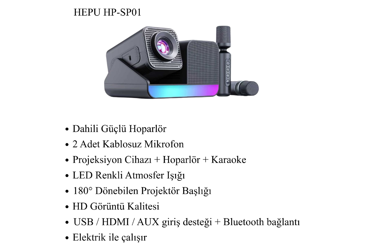 HEPU HP-SP01 – 3’ü 1 Arada Ev Sineması & Karaoke Projeksiyon (2 Mikrofon + Hoparlör Entegre)