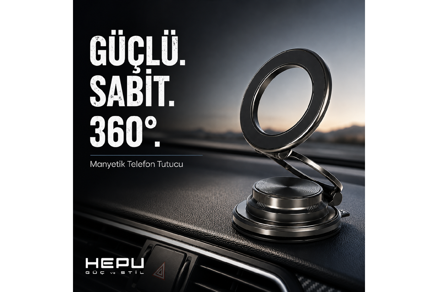 HEPU HP-AA02 Armor Manyetik Araç İçi Telefon Tutucu – 360° Dönebilen, Güçlü Vantuzlu Tasarım