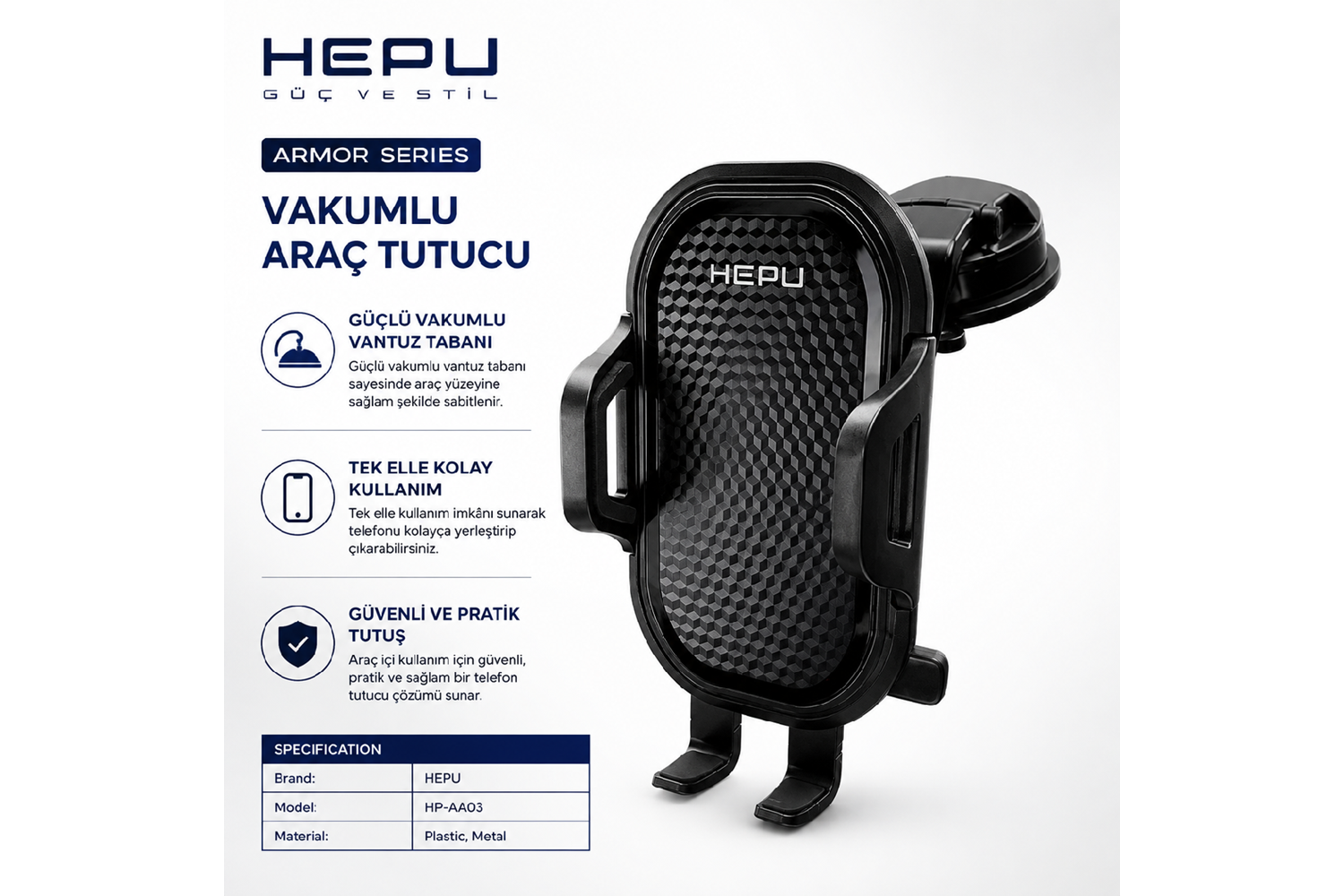 HEPU HP-AA03 Armor Araç İçi Telefon Tutucu – Güçlü Vantuzlu, 360° Dönebilen Tasarım