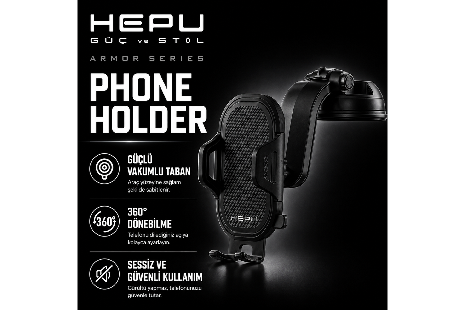HEPU HP-AA03 Armor Araç İçi Telefon Tutucu – Güçlü Vantuzlu, 360° Dönebilen Tasarım