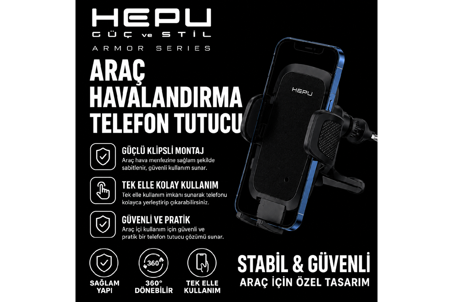 HEPU HP-AA04 Armor Havalandırma Tipi Araç Telefon Tutucu – Otomatik Kilitli, 360° Dönebilen Tasarım