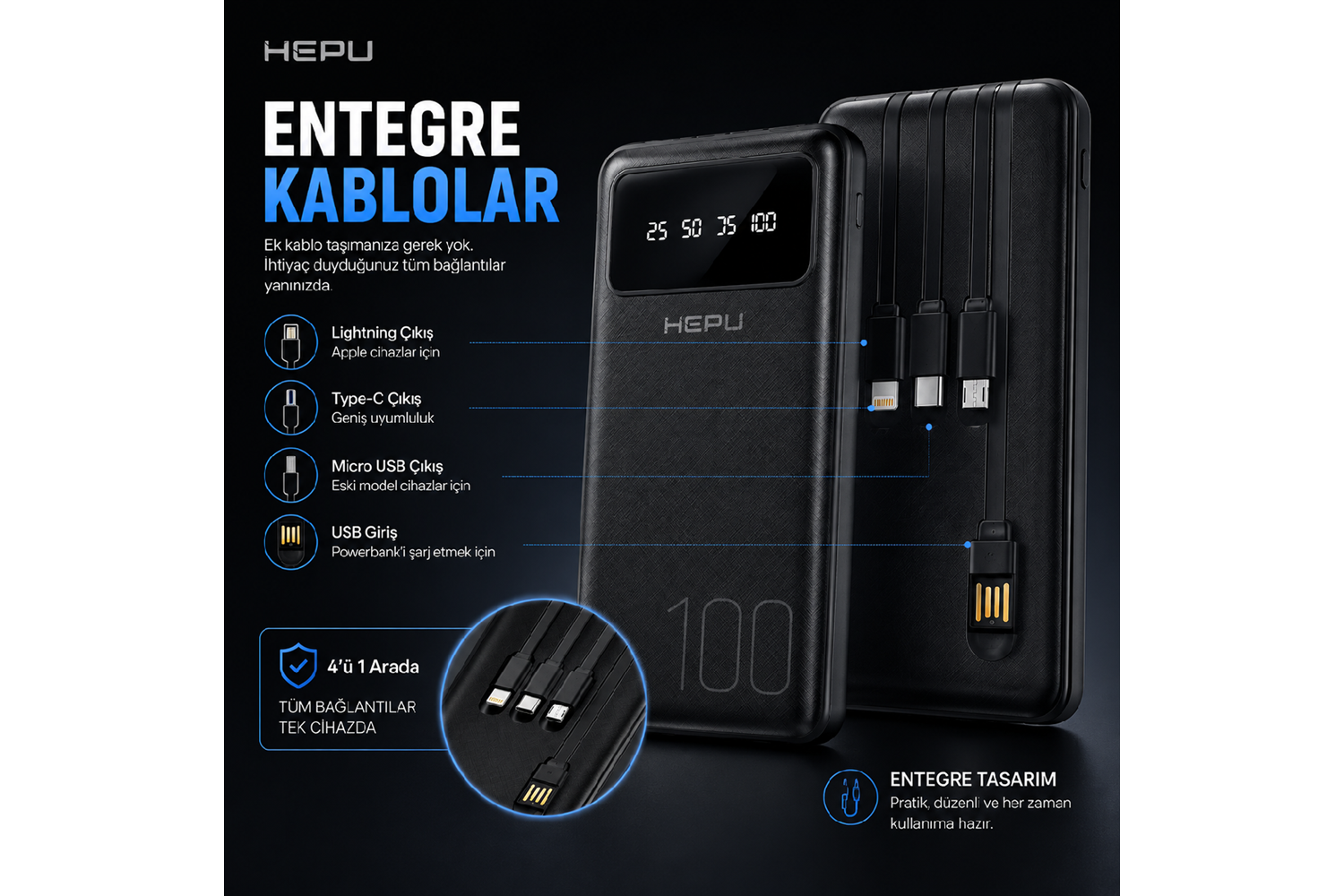 HEPU HP-TP04S Titan Series Powerbank – 10.000 mAh, 4 Entegre Kablolu, Dijital Göstergeli, Hızlı Şarj Destekli, Siyah