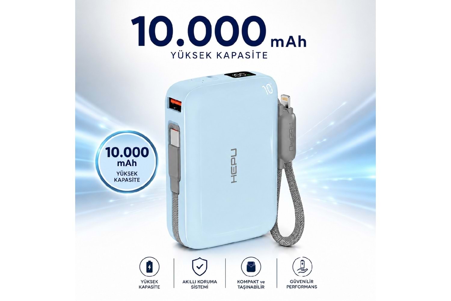HEPU HP-AP03B Armor Powerbank – 10.000 mAh, Type-C, Lightning ve USB-A Çıkışlı, Hızlı Şarj Destekli