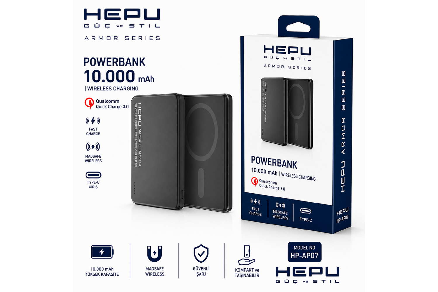HEPU HP-AP07 Armor MagSafe Powerbank – 10.000 mAh, Manyetik Kablosuz Şarj, Hızlı Şarj Destekli