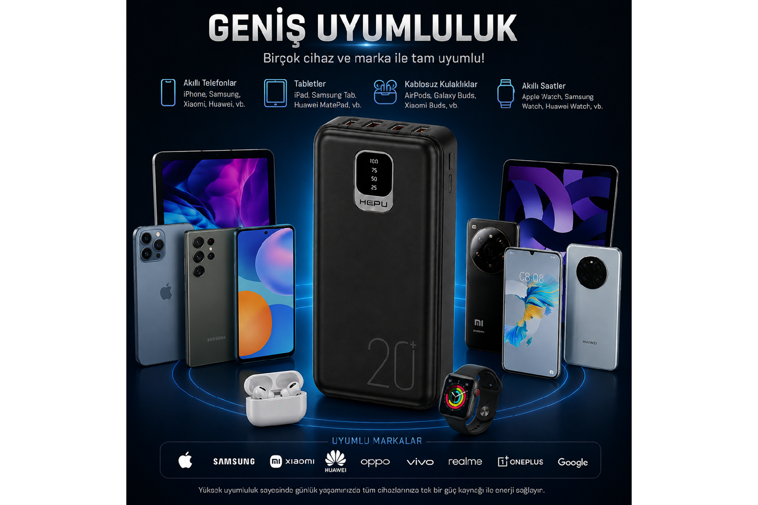 HEPU HP-TP02S Titan Series Powerbank – 20.000 mAh, 4 Entegre Kablolu, Dijital Göstergeli, Hızlı Şarj Destekli, Siyah