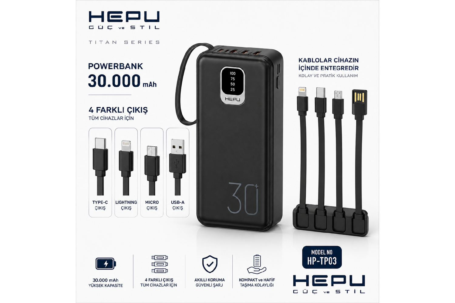 HEPU HP-TP03S Titan Series Powerbank – 30.000 mAh, 4 Entegre Kablolu, Dijital Göstergeli, Hızlı Şarj Destekli, Siyah