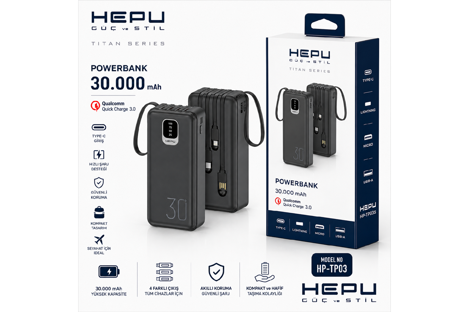 HEPU HP-TP03S Titan Series Powerbank – 30.000 mAh, 4 Entegre Kablolu, Dijital Göstergeli, Hızlı Şarj Destekli, Siyah
