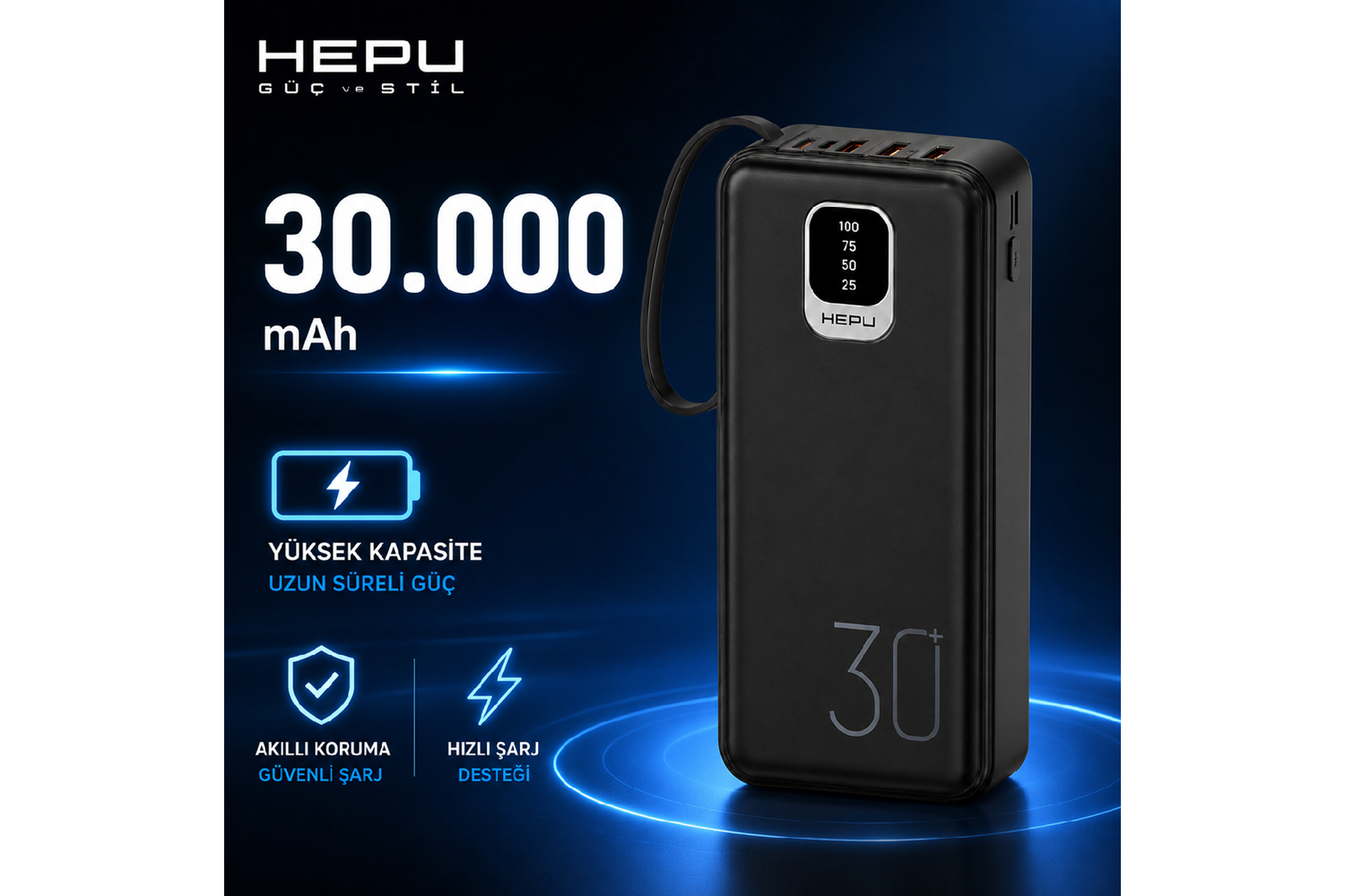 HEPU HP-TP03S Titan Series Powerbank – 30.000 mAh, 4 Entegre Kablolu, Dijital Göstergeli, Hızlı Şarj Destekli, Siyah