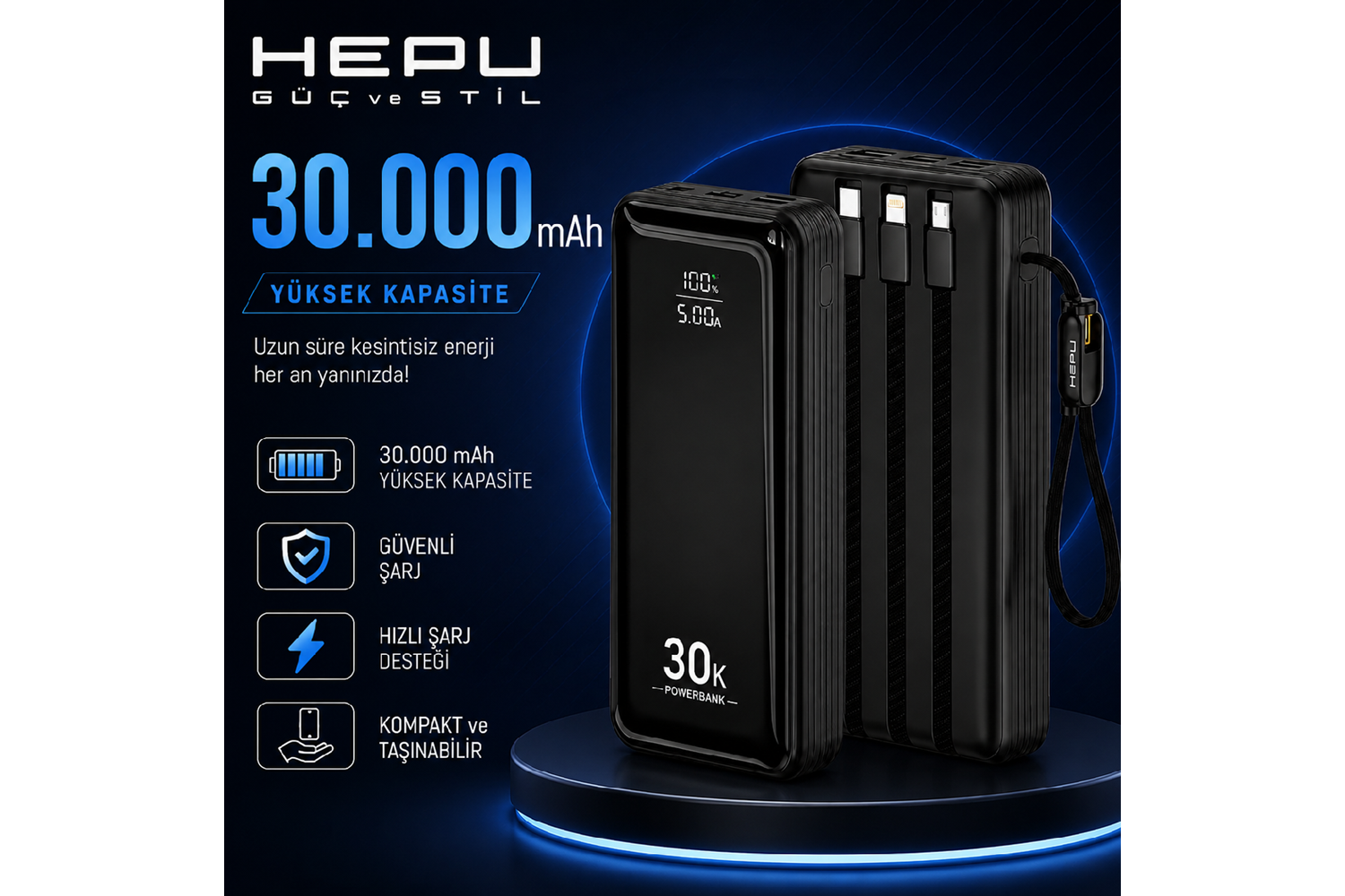HEPU HP-AP10 Armor Powerbank – 30.000 mAh, Entegre Çoklu Kablolu, Dijital Göstergeli, Hızlı Şarj Destekli