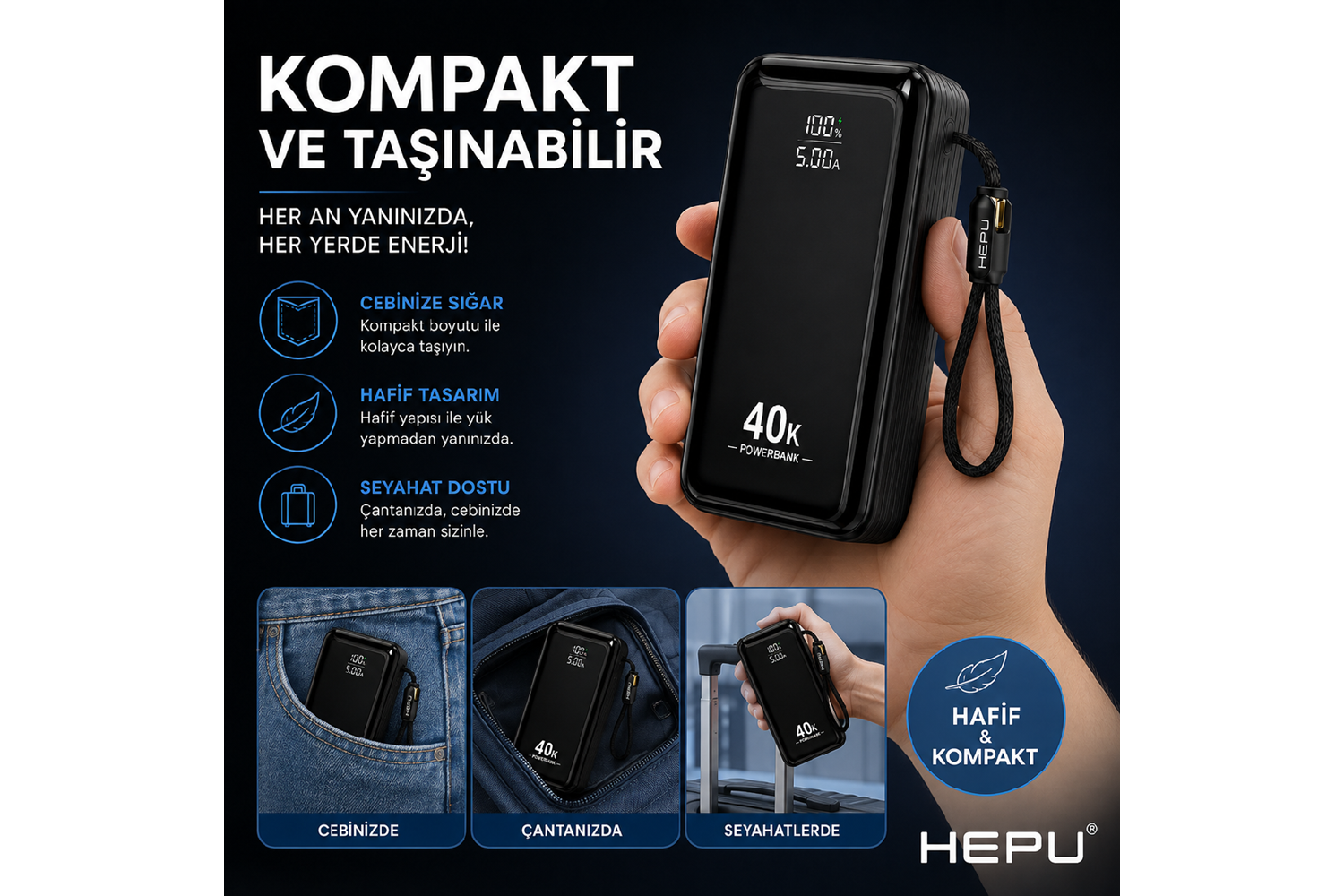 HEPU HP-AP11 Armor Powerbank – 40.000 mAh, Entegre Çoklu Kablolu, Dijital Göstergeli, Hızlı Şarj Destekli