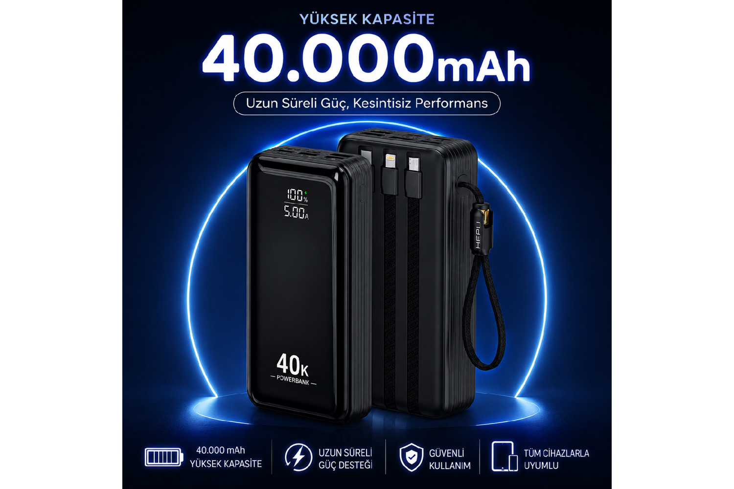 HEPU HP-AP11 Armor Powerbank – 40.000 mAh, Entegre Çoklu Kablolu, Dijital Göstergeli, Hızlı Şarj Destekli