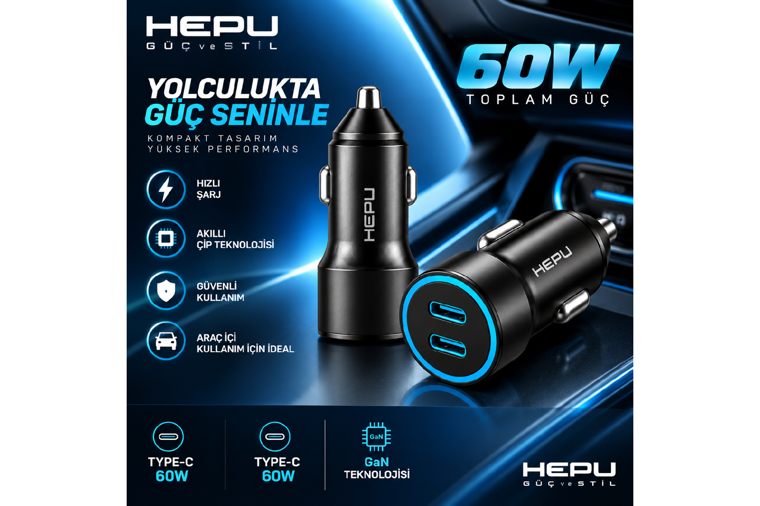 HEPU HP-AD03 60W Araç Şarj Cihazı – 2 Port, Hızlı Şarj