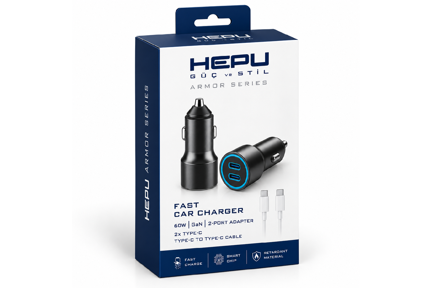 HEPU HP-AD04 60W Araç Şarj Cihazı – 2 Port, Hızlı Şarj, Type-C to Type-C Kablo Dahil