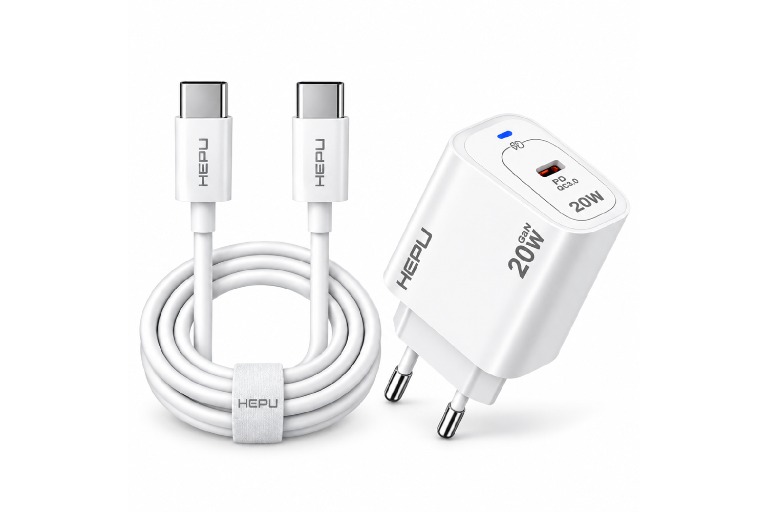 HEPU HP-AC02 20W GaN PD Şarj Adaptörü – Hızlı Şarj, Type-C to Type-C Kablo Dahil
