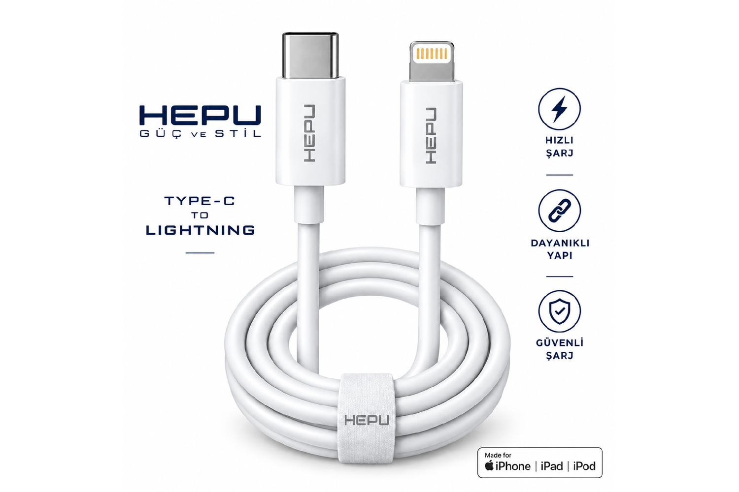 HEPU HP-AC03 20W GaN PD Şarj Adaptörü – Hızlı Şarj, Type-C to Lightning Kablo Dahil