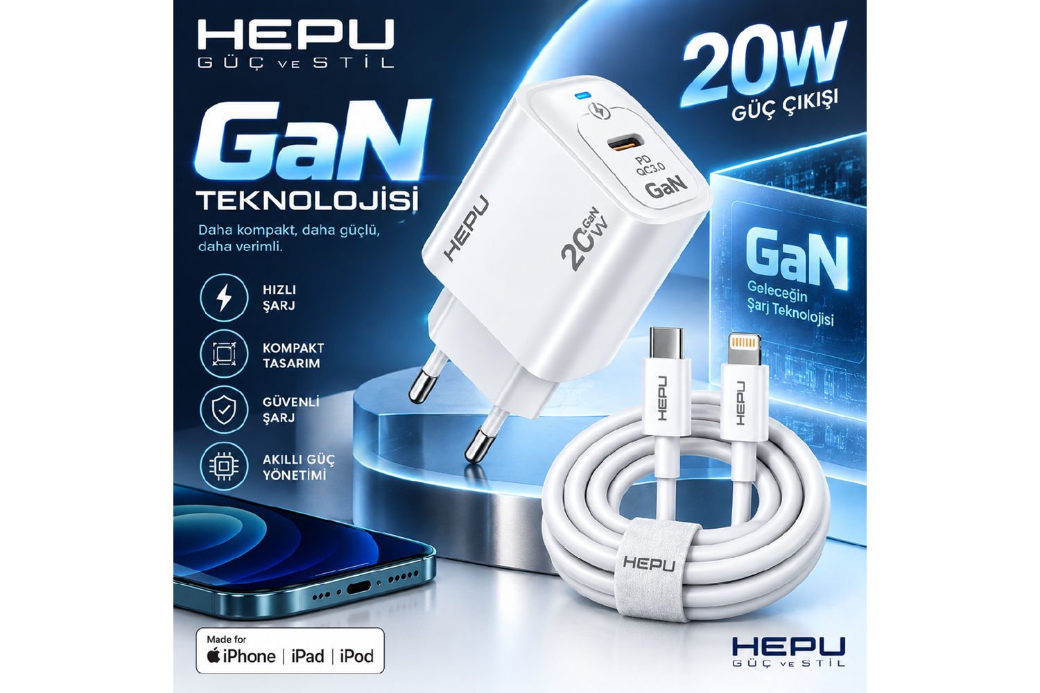 HEPU HP-AC03 20W GaN PD Şarj Adaptörü – Hızlı Şarj, Type-C to Lightning Kablo Dahil
