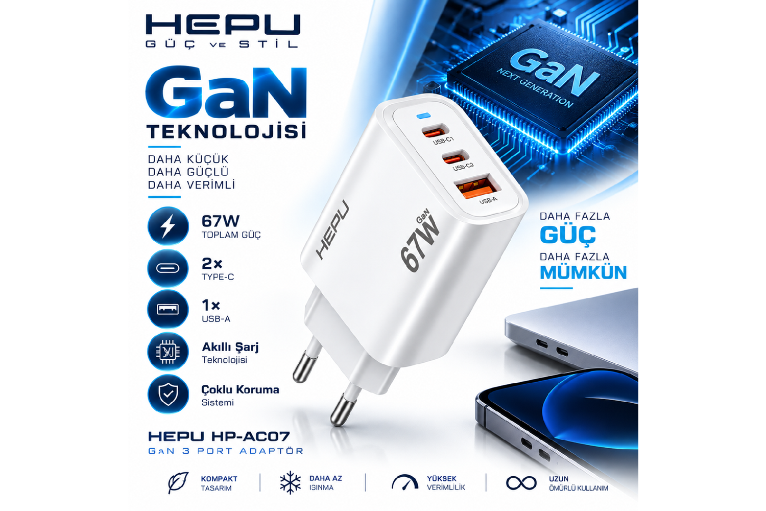 HEPU HP-AC07 67W GaN PD Şarj Adaptörü – Hızlı Şarj
