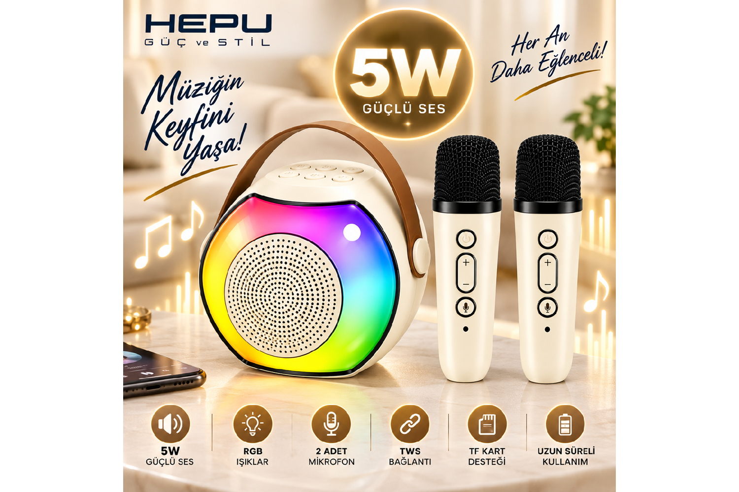 HEPU HP-MS03 5W Kablosuz Karaoke Hoparlör – 2 Mikrofonlu, RGB Işıklı