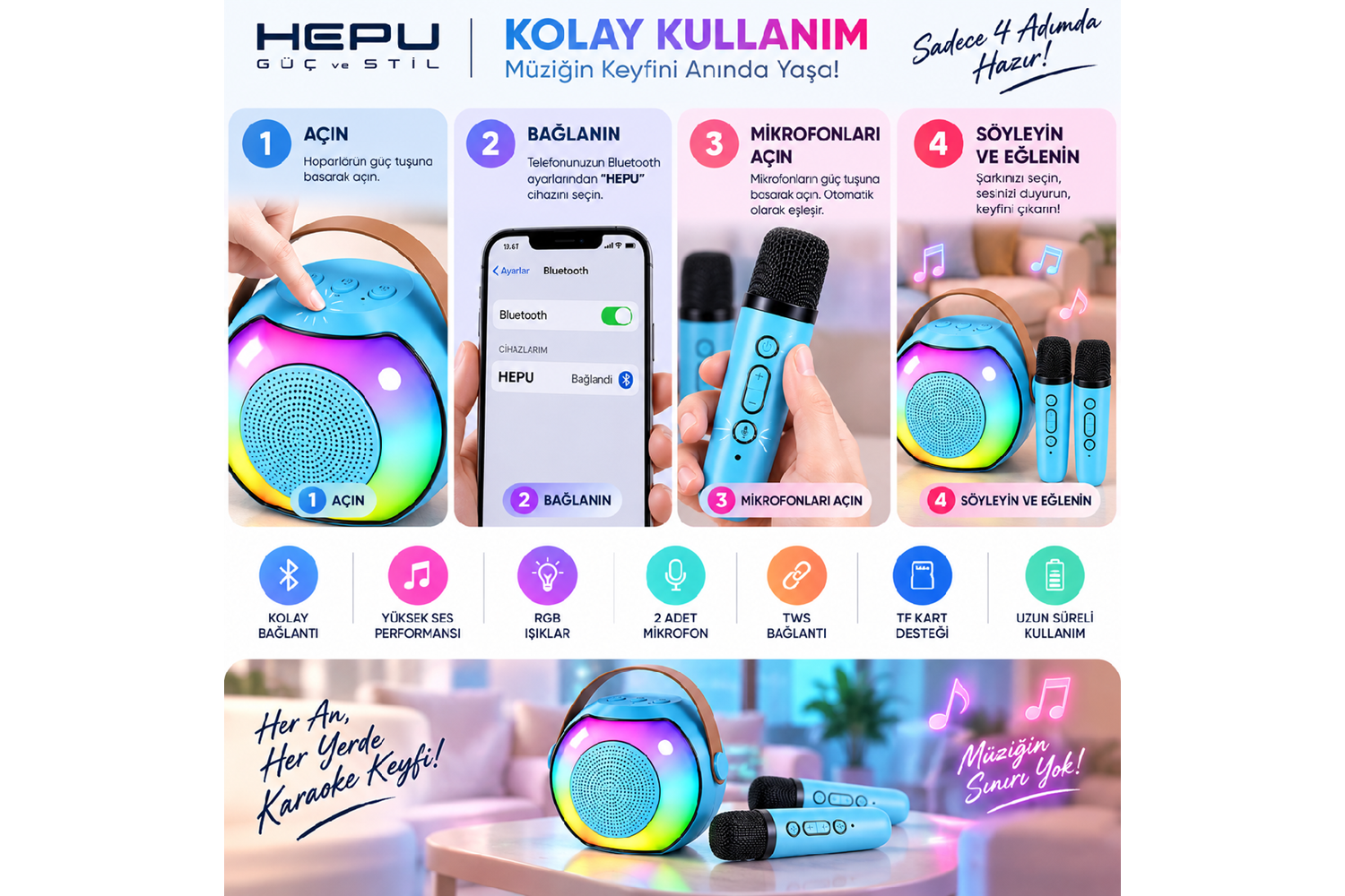 HEPU HP-MS03 5W Kablosuz Karaoke Hoparlör – 2 Mikrofonlu, RGB Işıklı