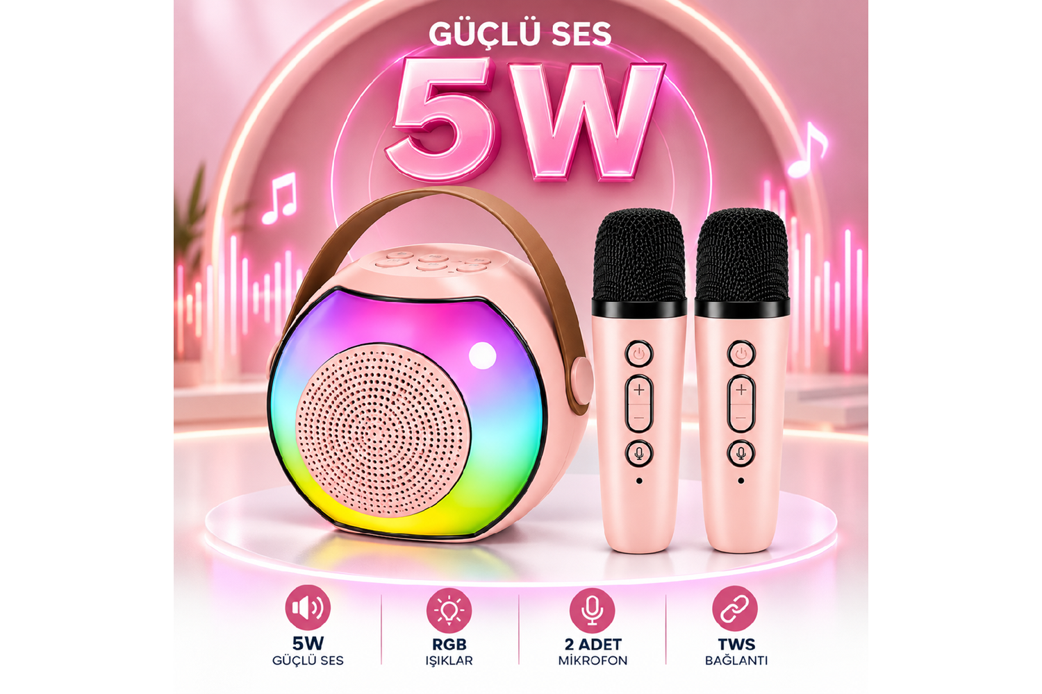 HEPU HP-MS03 5W Kablosuz Karaoke Hoparlör – 2 Mikrofonlu, RGB Işıklı