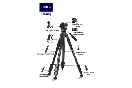 HEPU HP-T05 Profesyonel Tripod – 210 cm | 360° Pan Kafa | Alüminyum Gövde