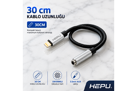 HEPU HP-19 iOS AUX Dönüştürücü – Lightning Girişli iPhone & iPad için Ses Adaptörü (30 cm)