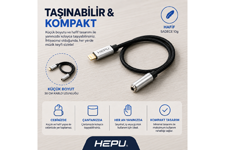 HEPU HP-19 iOS AUX Dönüştürücü – Lightning Girişli iPhone & iPad için Ses Adaptörü (30 cm)