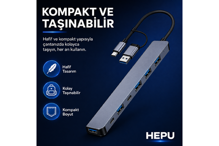 HEPU HP-B03 5-in-1 USB 3.0 HUB – 5 Portlu Çoklayıcı + Type-C ve USB-A Girişli + Alüminyum Gövde