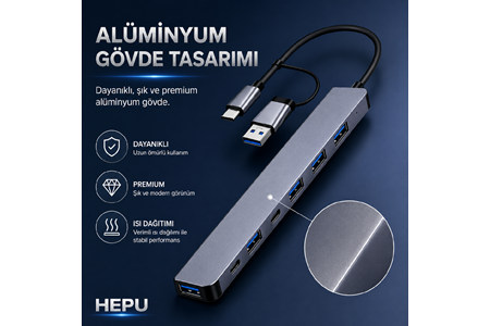 HEPU HP-B03 5-in-1 USB 3.0 HUB – 5 Portlu Çoklayıcı + Type-C ve USB-A Girişli + Alüminyum Gövde