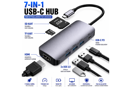 HEPU HP-B17 7-in-1 Type-C USB-C HUB – HDMI + 3x USB 3.0 + SD/TF Kart Okuyucu + Type-C PD Girişli Adaptör