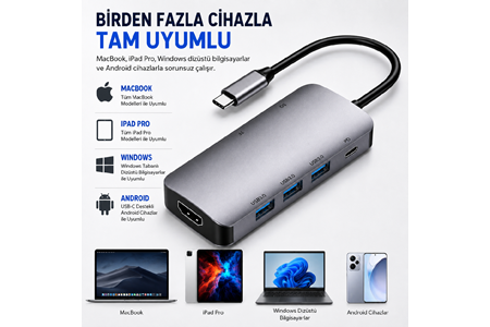 HEPU HP-B17 7-in-1 Type-C USB-C HUB – HDMI + 3x USB 3.0 + SD/TF Kart Okuyucu + Type-C PD Girişli Adaptör